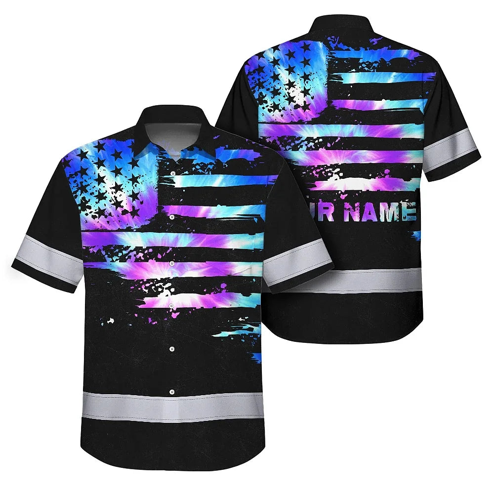 Hi Vis Hawaiian Shirt Reflective Tapes Violet Blue Tie Dye US Flag Custom Name