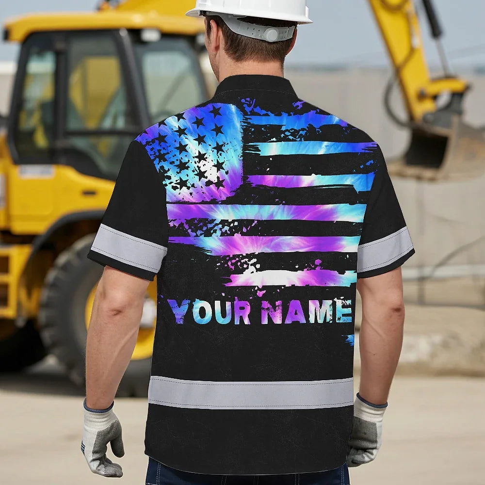 Hi Vis Hawaiian Shirt Reflective Tapes Violet Blue Tie Dye US Flag Custom Name