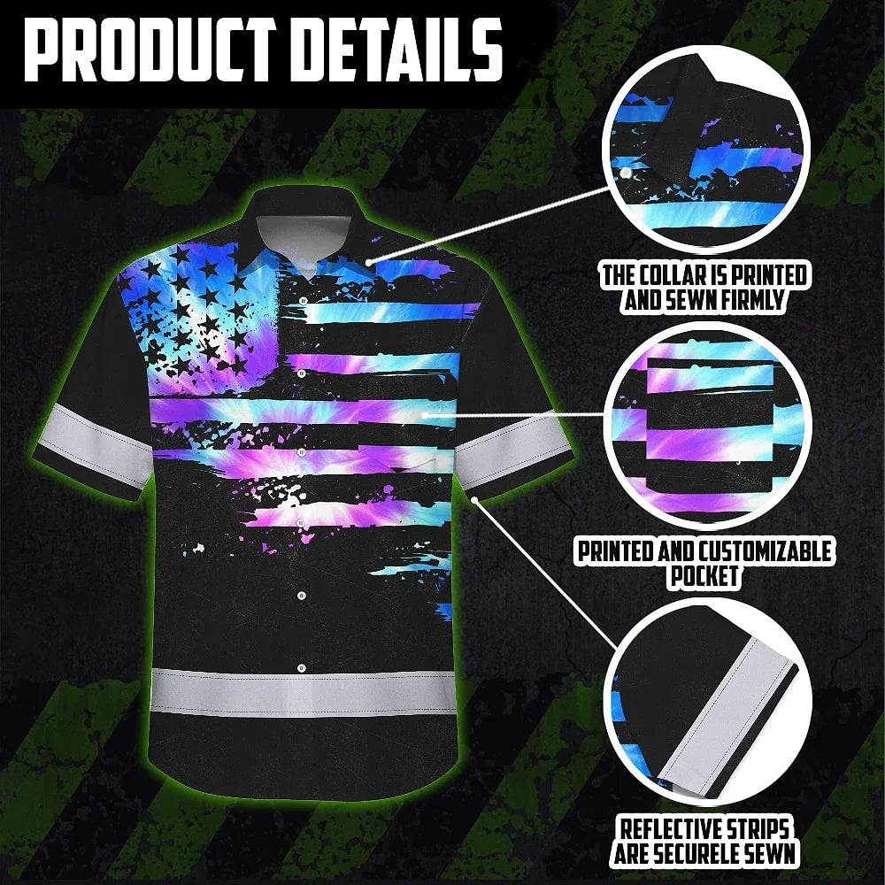 Hi Vis Hawaiian Shirt Reflective Tapes Violet Blue Tie Dye US Flag Custom Name