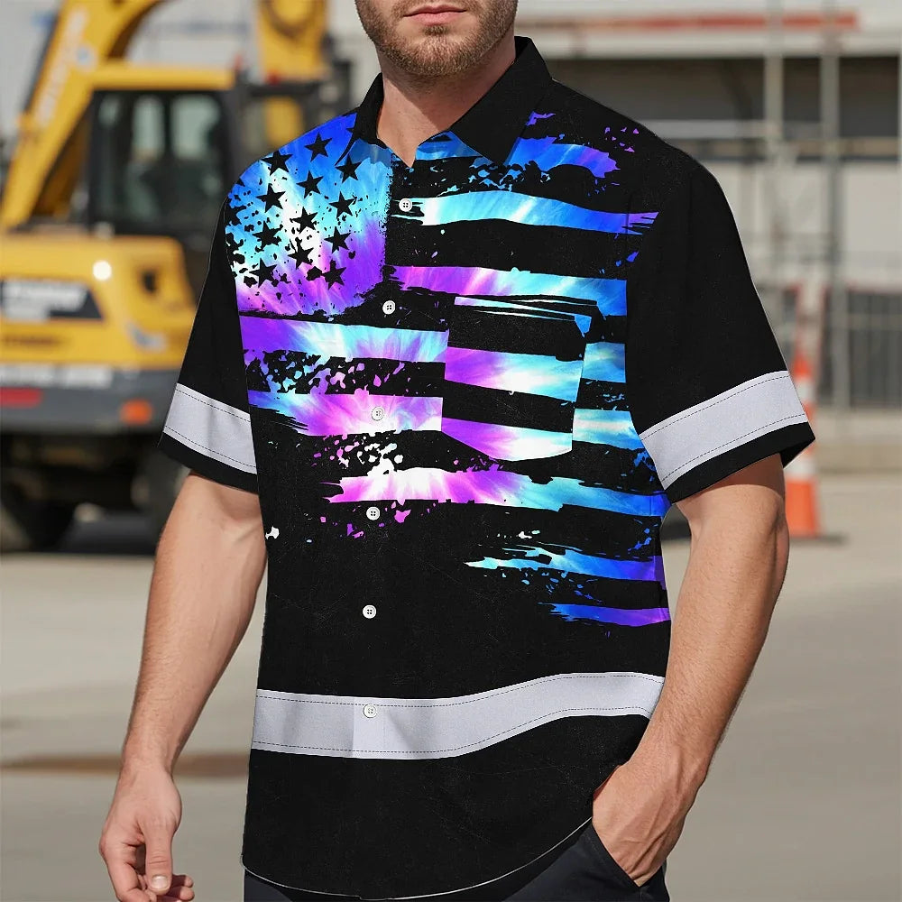 Hi Vis Hawaiian Shirt Reflective Tapes Violet Blue Tie Dye US Flag Custom Name