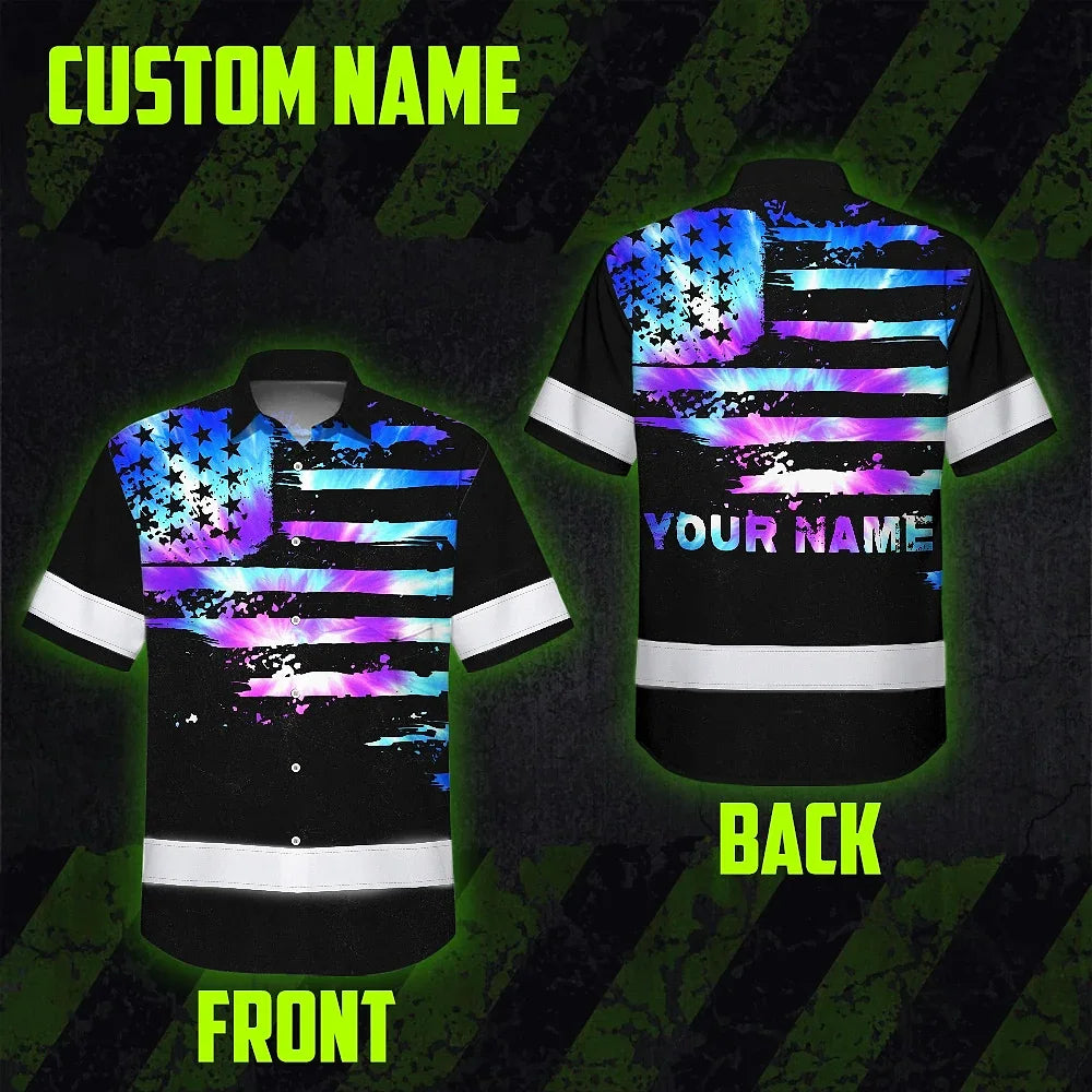 Hi Vis Hawaiian Shirt Reflective Tapes Violet Blue Tie Dye US Flag Custom Name