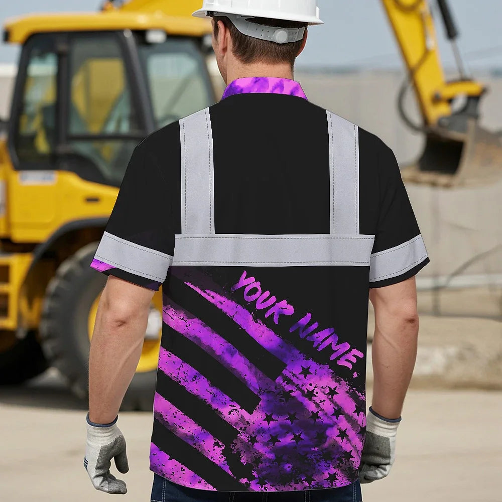 Hi Vis Hawaiian Shirt Reflective Tapes Violet Flag Tie Dye Custom Name Safety Workwear For Workers, Runners, Cyclists