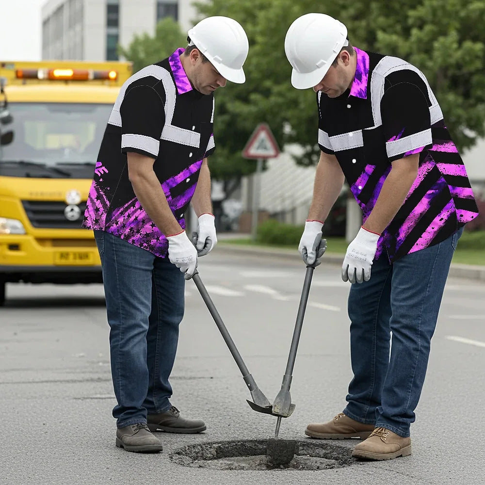 Hi Vis Hawaiian Shirt Reflective Tapes Violet Flag Tie Dye Custom Name Safety Workwear For Workers, Runners, Cyclists