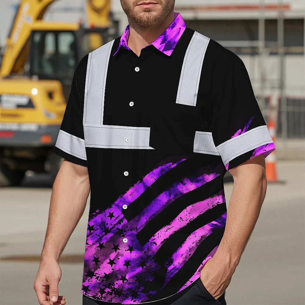 Hi Vis Hawaiian Shirt Reflective Tapes Violet Flag Tie Dye Custom Name Safety Workwear For Workers, Runners, Cyclists
