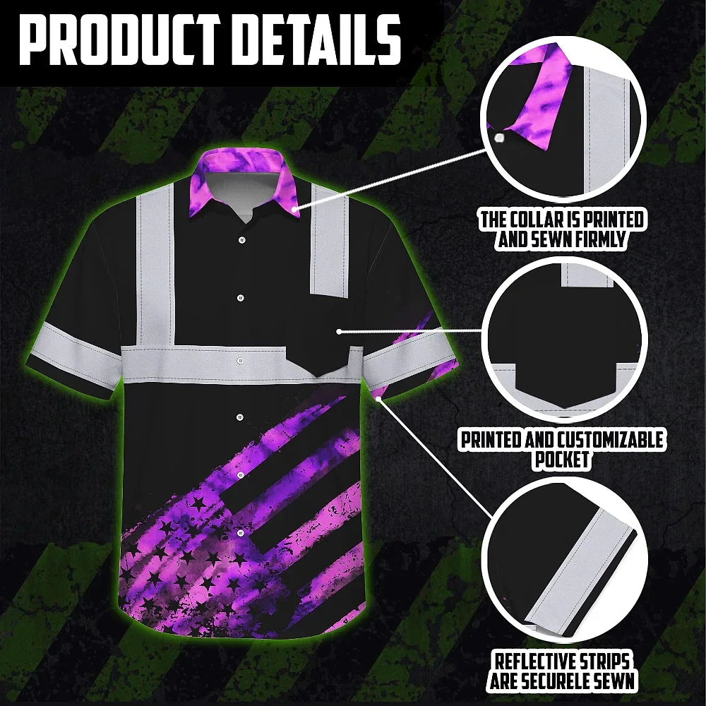 Hi Vis Hawaiian Shirt Reflective Tapes Violet Flag Tie Dye Custom Name Safety Workwear For Workers, Runners, Cyclists