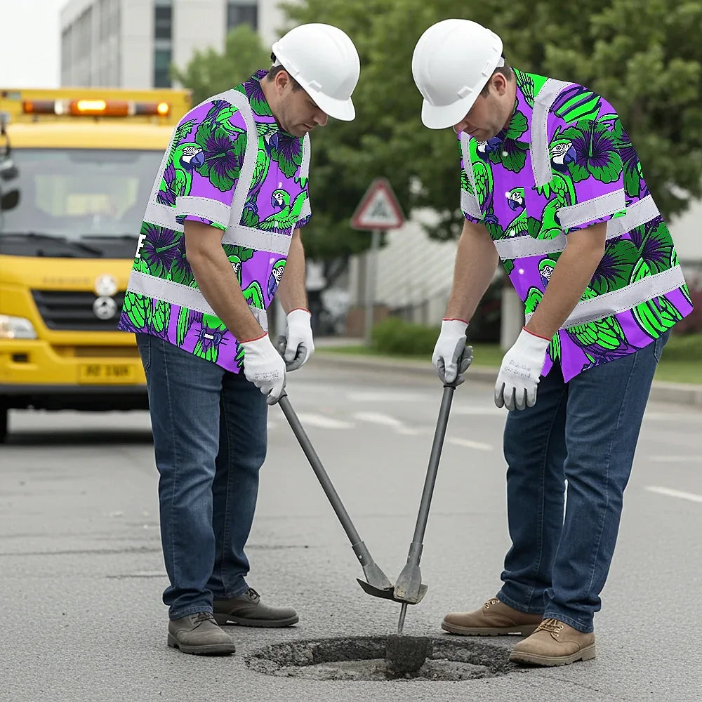 Hi Vis Hawaiian Shirt Reflective Tapes Violet Green Parrot Custom Name Safety Workwear For Workers, Truckers, Operators