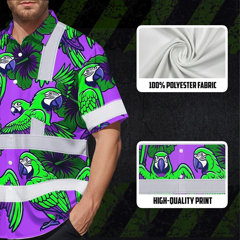 Hi Vis Hawaiian Shirt Reflective Tapes Violet Green Parrot Custom Name Safety Workwear For Workers, Truckers, Operators