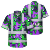 Hi Vis Hawaiian Shirt Reflective Tapes Violet Green Parrot Custom Name Safety Workwear For Workers, Truckers, Operators
