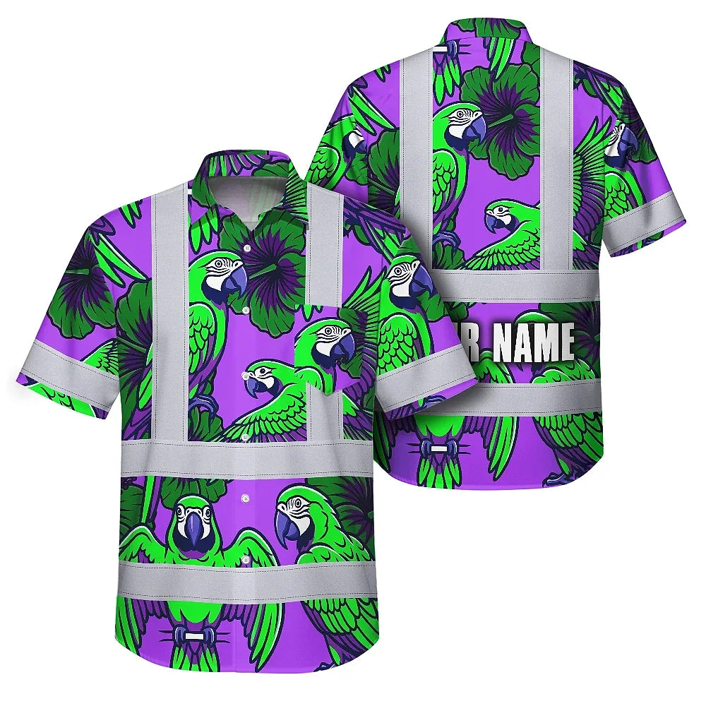Hi Vis Hawaiian Shirt Reflective Tapes Violet Green Parrot Custom Name Safety Workwear For Workers, Truckers, Operators