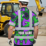 Hi Vis Hawaiian Shirt Reflective Tapes Violet Green Parrot Custom Name Safety Workwear For Workers, Truckers, Operators
