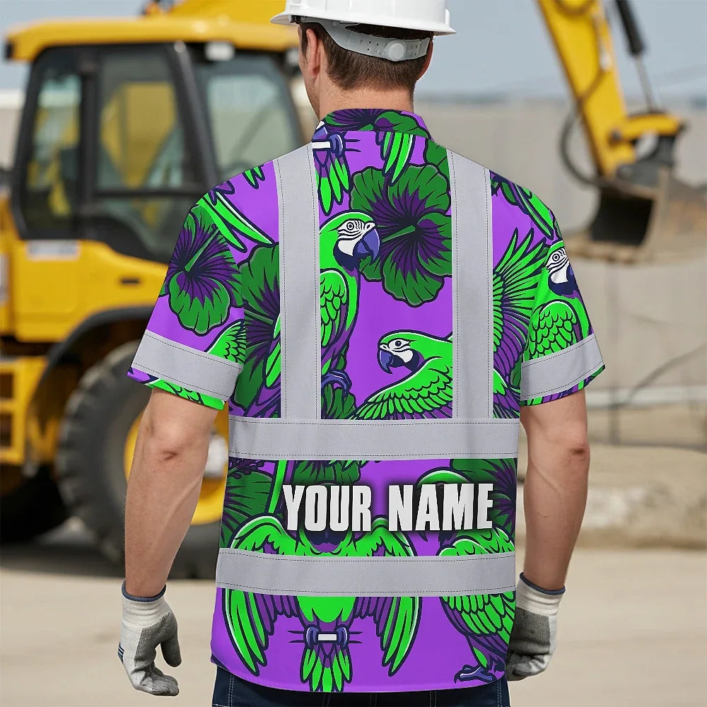 Hi Vis Hawaiian Shirt Reflective Tapes Violet Green Parrot Custom Name Safety Workwear For Workers, Truckers, Operators