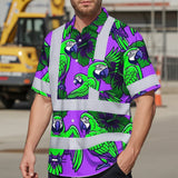 Hi Vis Hawaiian Shirt Reflective Tapes Violet Green Parrot Custom Name Safety Workwear For Workers, Truckers, Operators