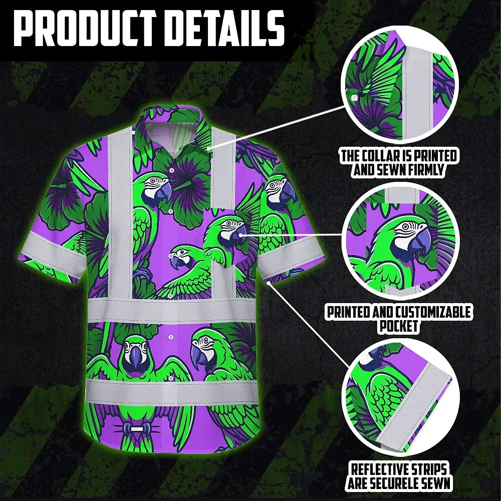 Hi Vis Hawaiian Shirt Reflective Tapes Violet Green Parrot Custom Name Safety Workwear For Workers, Truckers, Operators