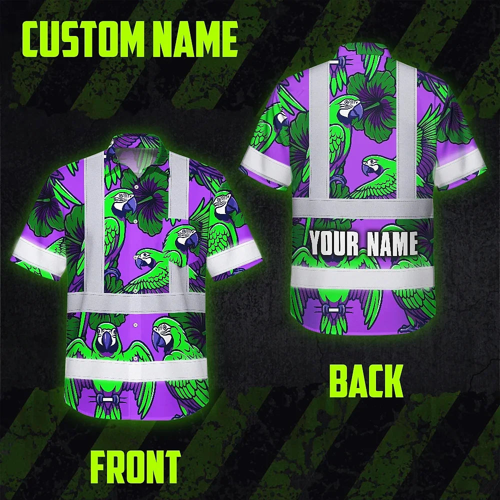 Hi Vis Hawaiian Shirt Reflective Tapes Violet Green Parrot Custom Name Safety Workwear For Workers, Truckers, Operators