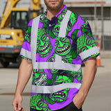 Hi Vis Hawaiian Shirt Reflective Tapes Violet Green Tiki Custom Name Safety Workwear For Workers, Truckers, Operators