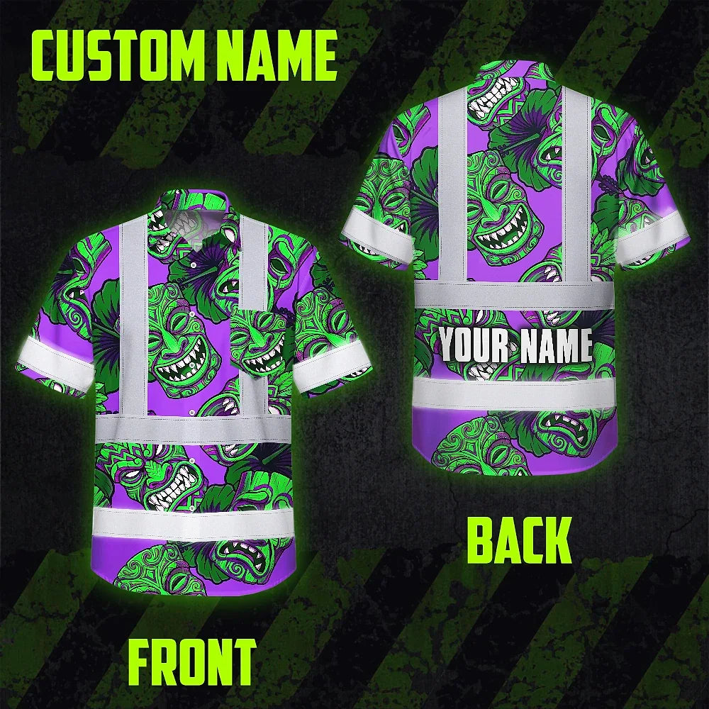 Hi Vis Hawaiian Shirt Reflective Tapes Violet Green Tiki Custom Name Safety Workwear For Workers, Truckers, Operators