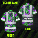 Hi Vis Hawaiian Shirt Reflective Tapes Violet Green Tiki Custom Name Safety Workwear For Workers, Truckers, Operators