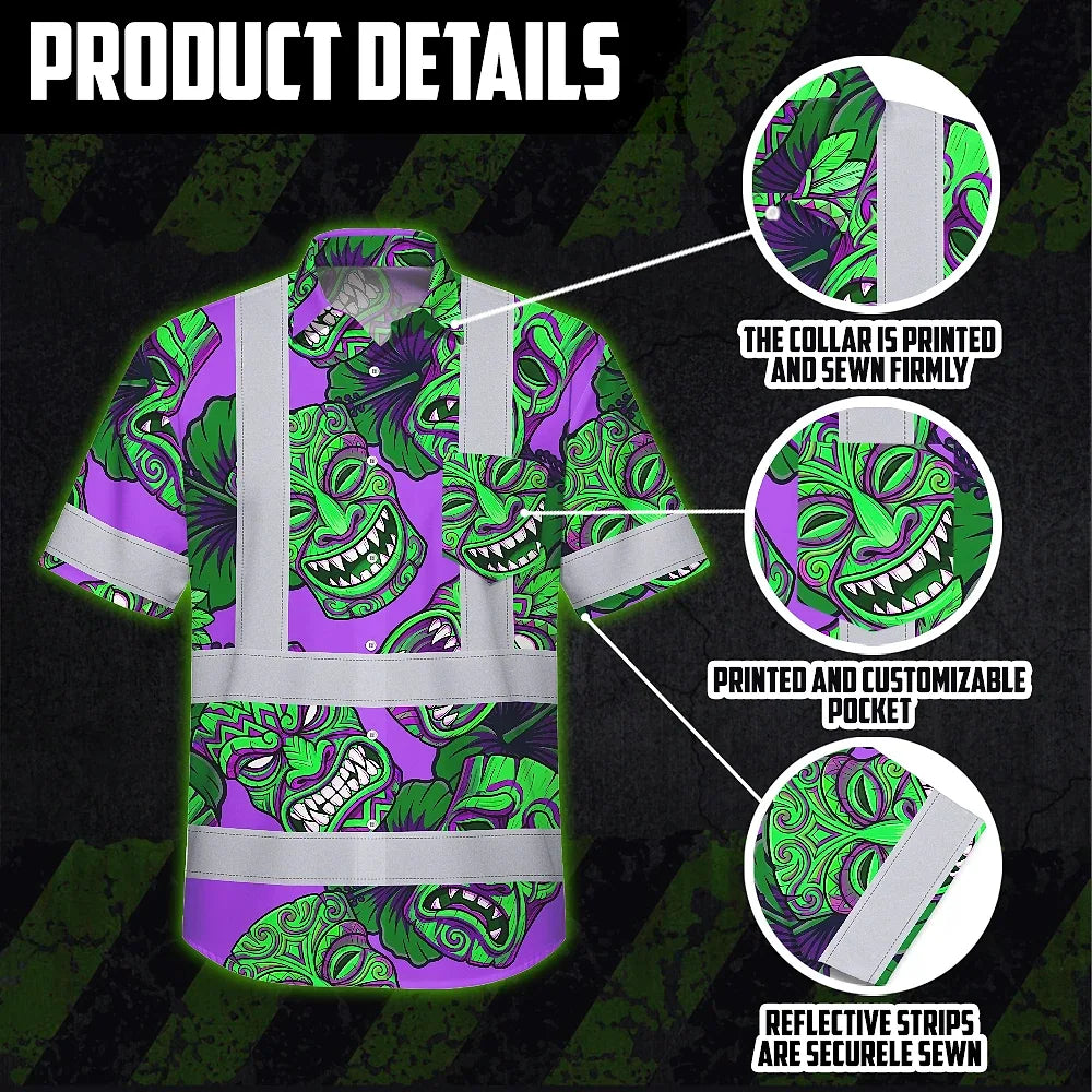 Hi Vis Hawaiian Shirt Reflective Tapes Violet Green Tiki Custom Name Safety Workwear For Workers, Truckers, Operators