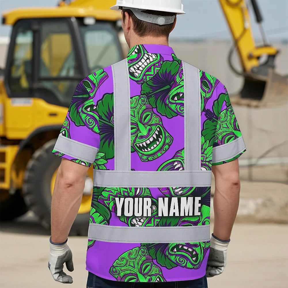 Hi Vis Hawaiian Shirt Reflective Tapes Violet Green Tiki Custom Name Safety Workwear For Workers, Truckers, Operators