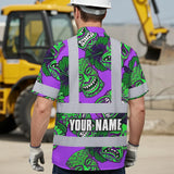 Hi Vis Hawaiian Shirt Reflective Tapes Violet Green Tiki Custom Name Safety Workwear For Workers, Truckers, Operators