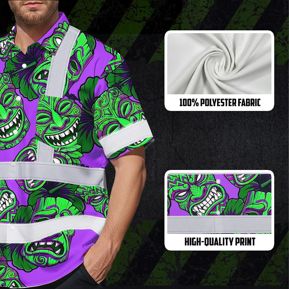 Hi Vis Hawaiian Shirt Reflective Tapes Violet Green Tiki Custom Name Safety Workwear For Workers, Truckers, Operators
