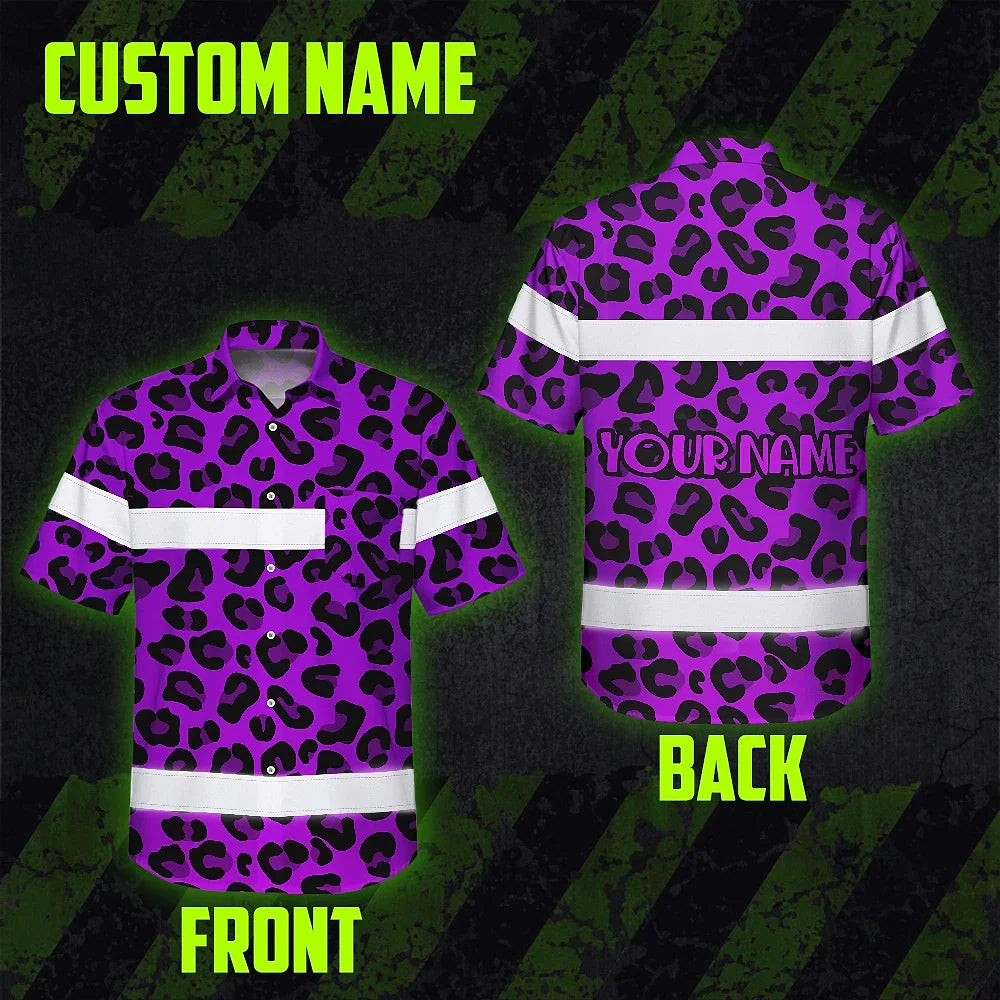 Hi Vis Hawaiian Shirt Reflective Tapes Violet Leopard Custom Name Safety Workwear For Workers, Truckers, Operators