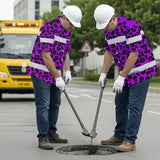 Hi Vis Hawaiian Shirt Reflective Tapes Violet Leopard Custom Name Safety Workwear For Workers, Truckers, Operators