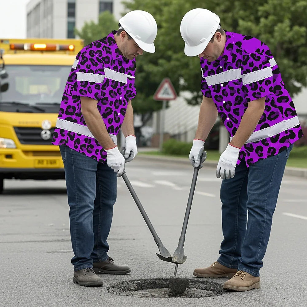 Hi Vis Hawaiian Shirt Reflective Tapes Violet Leopard Custom Name Safety Workwear For Workers, Truckers, Operators