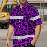 Hi Vis Hawaiian Shirt Reflective Tapes Violet Leopard Custom Name Safety Workwear For Workers, Truckers, Operators