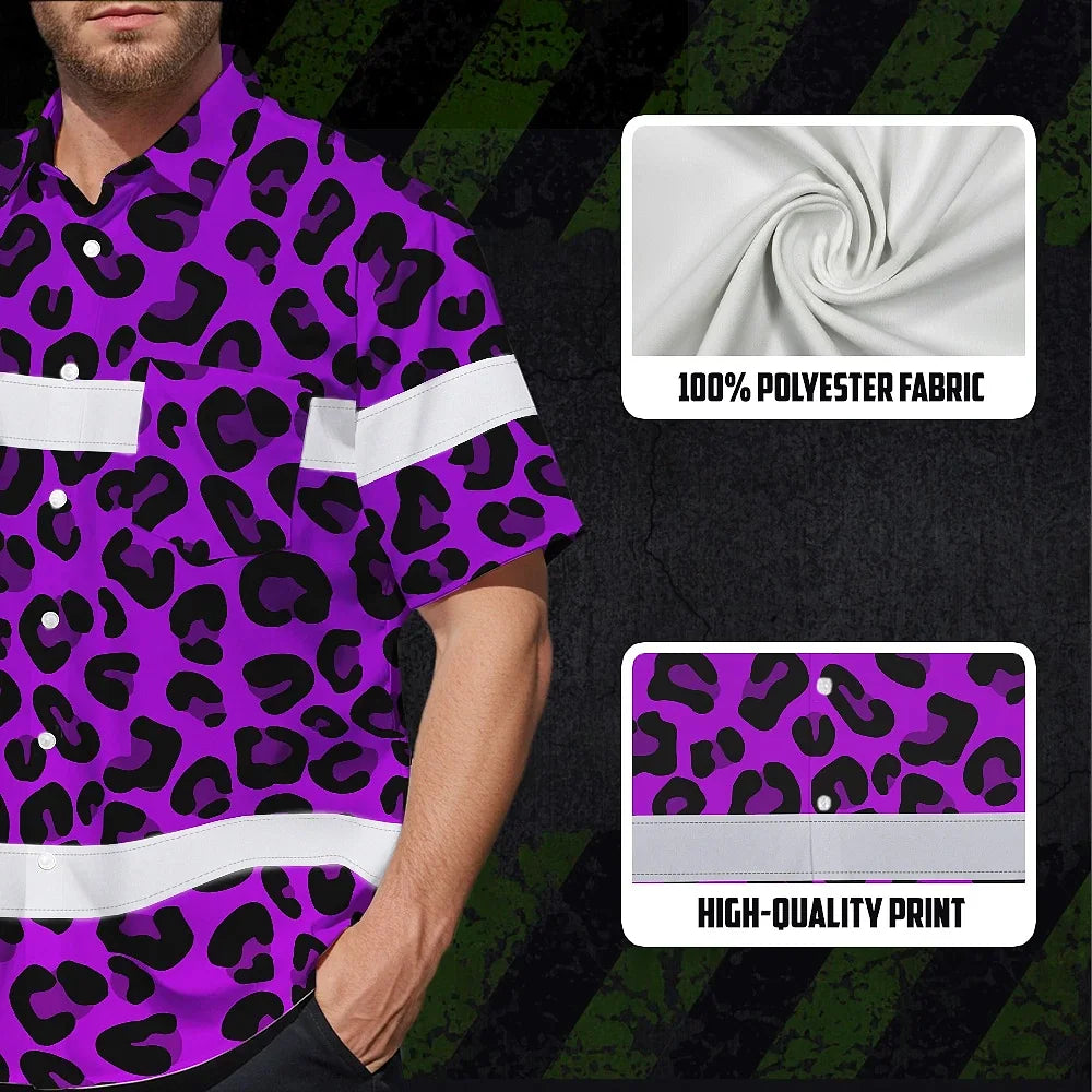 Hi Vis Hawaiian Shirt Reflective Tapes Violet Leopard Custom Name Safety Workwear For Workers, Truckers, Operators