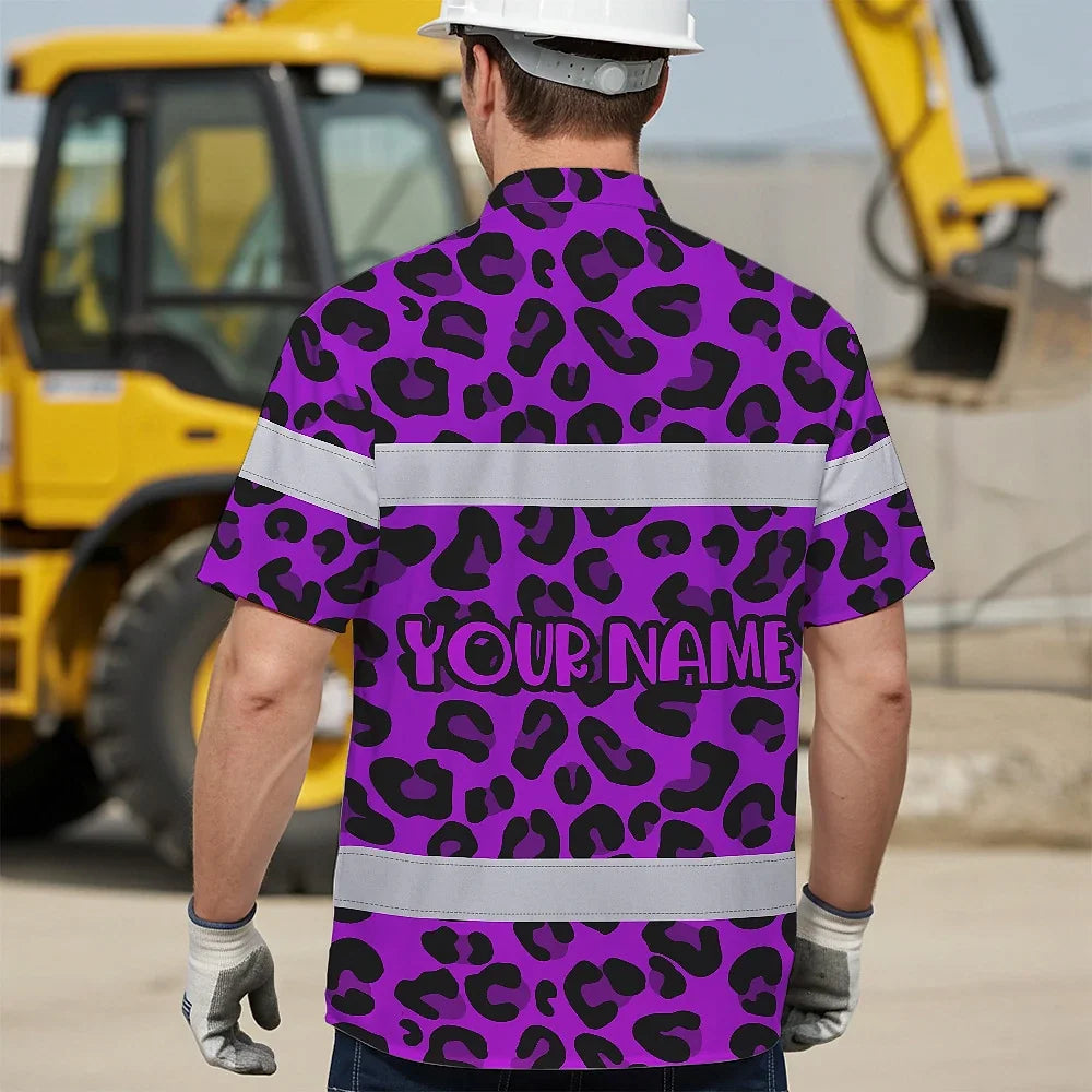 Hi Vis Hawaiian Shirt Reflective Tapes Violet Leopard Custom Name Safety Workwear For Workers, Truckers, Operators