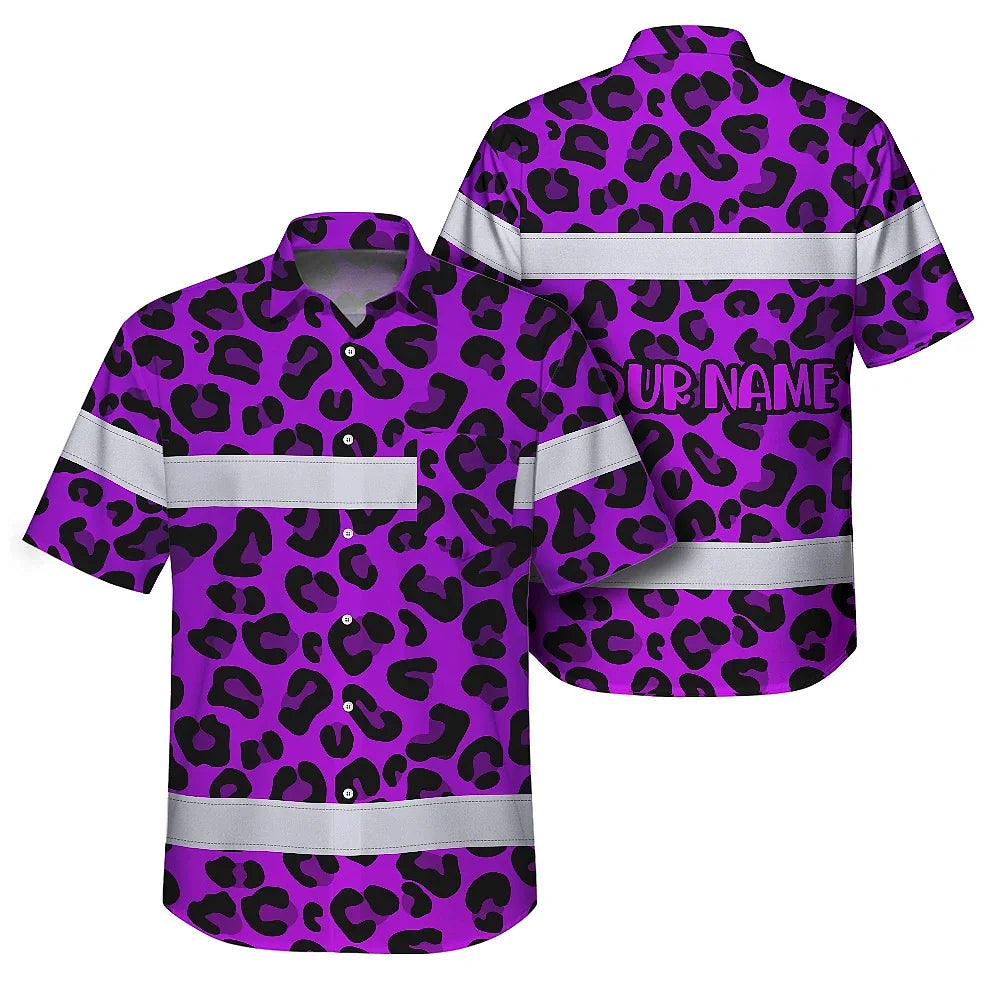 Hi Vis Hawaiian Shirt Reflective Tapes Violet Leopard Custom Name Safety Workwear For Workers, Truckers, Operators