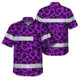 Hi Vis Hawaiian Shirt Reflective Tapes Violet Leopard Custom Name Safety Workwear For Workers, Truckers, Operators
