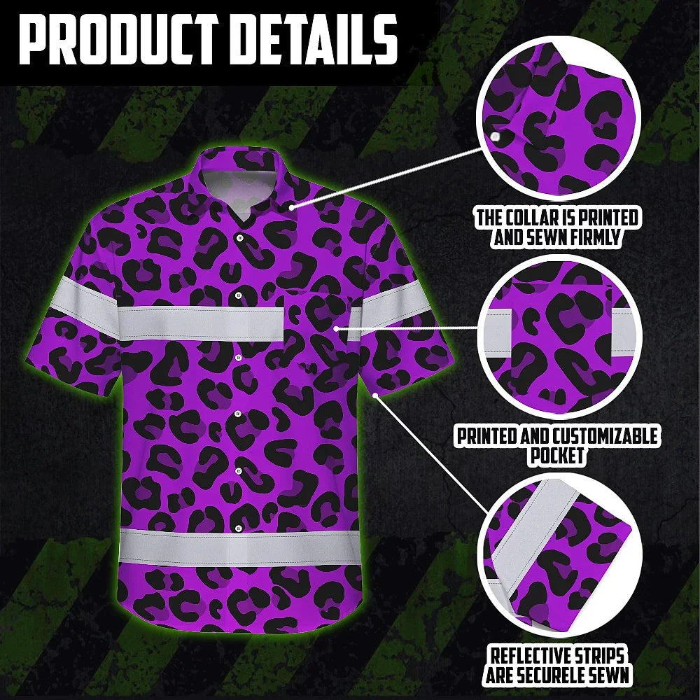 Hi Vis Hawaiian Shirt Reflective Tapes Violet Leopard Custom Name Safety Workwear For Workers, Truckers, Operators