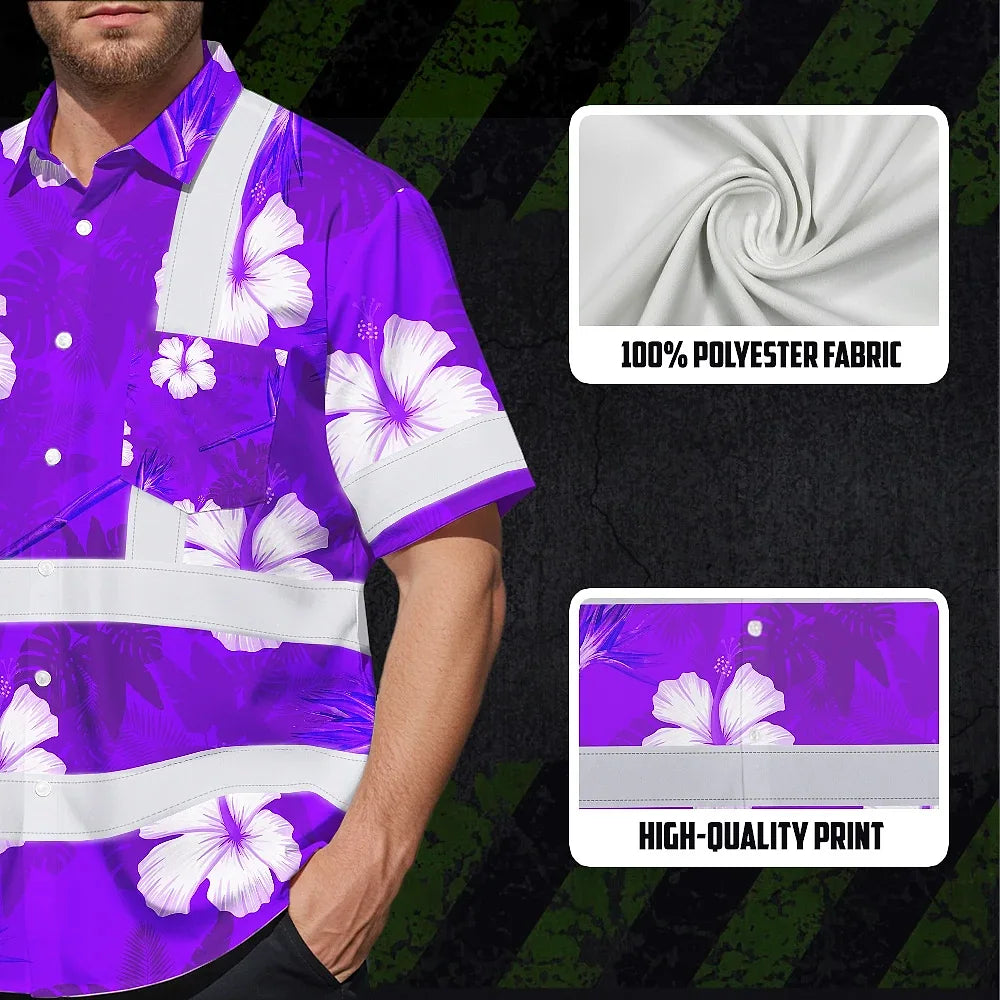 Hi Vis Hawaiian Shirt Reflective Tapes Violet Neon Custom Name Safety Workwear For Workers, Truckers, Operators