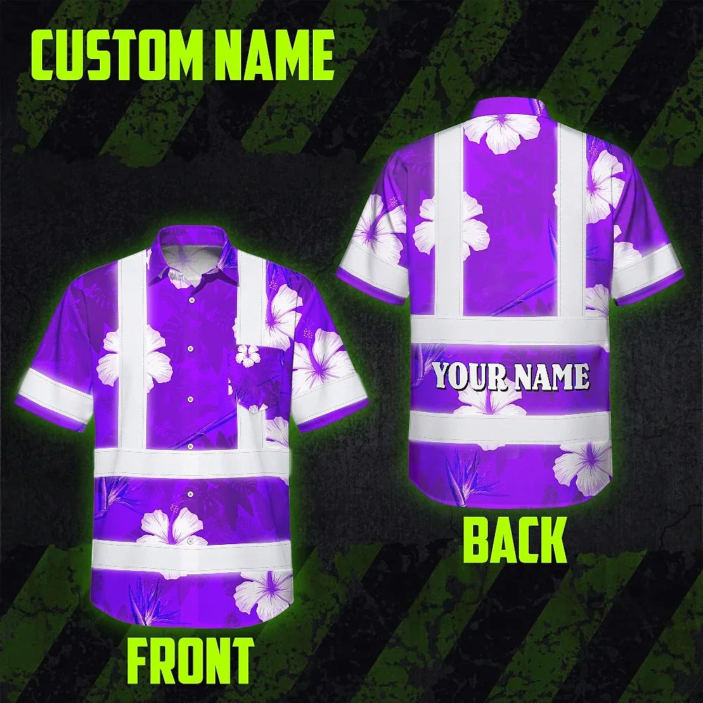 Hi Vis Hawaiian Shirt Reflective Tapes Violet Neon Custom Name Safety Workwear For Workers, Truckers, Operators