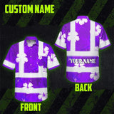 Hi Vis Hawaiian Shirt Reflective Tapes Violet Neon Custom Name Safety Workwear For Workers, Truckers, Operators