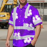 Hi Vis Hawaiian Shirt Reflective Tapes Violet Neon Custom Name Safety Workwear For Workers, Truckers, Operators