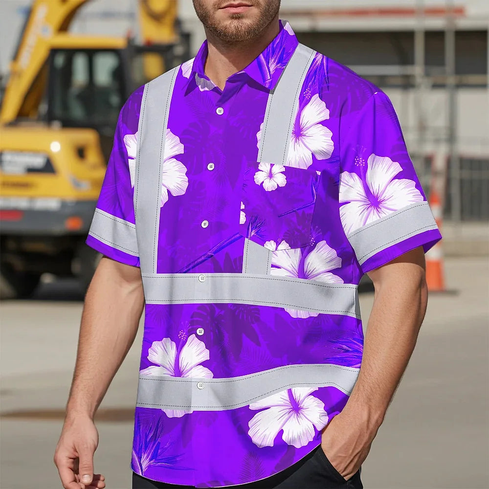 Hi Vis Hawaiian Shirt Reflective Tapes Violet Neon Custom Name Safety Workwear For Workers, Truckers, Operators