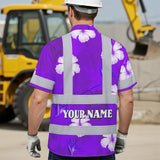 Hi Vis Hawaiian Shirt Reflective Tapes Violet Neon Custom Name Safety Workwear For Workers, Truckers, Operators