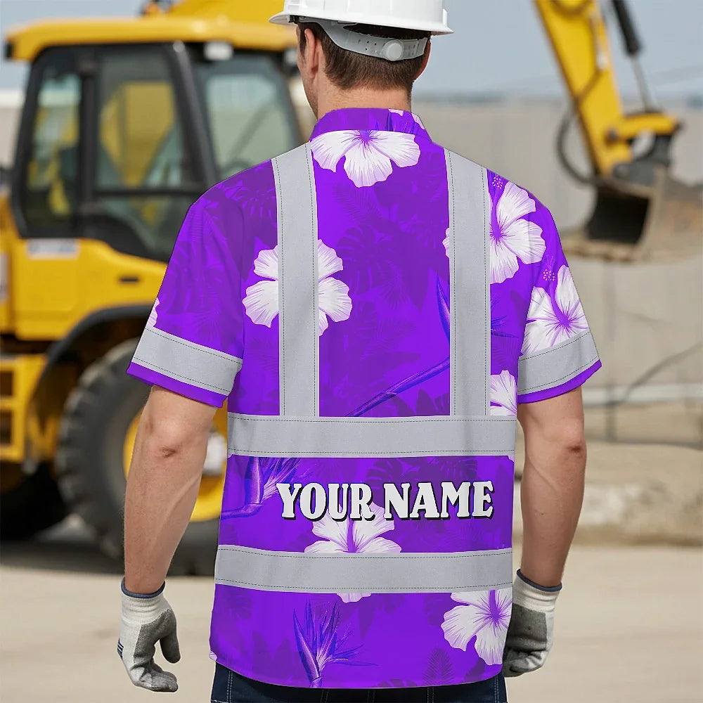 Hi Vis Hawaiian Shirt Reflective Tapes Violet Neon Custom Name Safety Workwear For Workers, Truckers, Operators