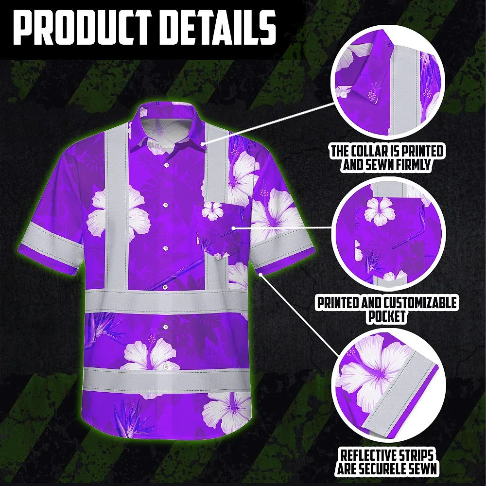 Hi Vis Hawaiian Shirt Reflective Tapes Violet Neon Custom Name Safety Workwear For Workers, Truckers, Operators