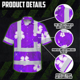 Hi Vis Hawaiian Shirt Reflective Tapes Violet Neon Custom Name Safety Workwear For Workers, Truckers, Operators