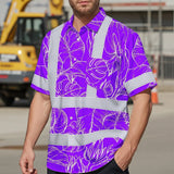 Hi Vis Hawaiian Shirt Reflective Tapes Violet Neon Flowers Custom Name Safety Workwear For Workers, Truckers, Operators
