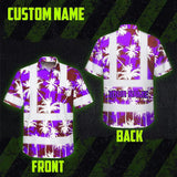 Hi Vis Hawaiian Shirt Reflective Tapes Violet Neon Flowers Custom Name Safety Workwear For Workers, Truckers, Operators
