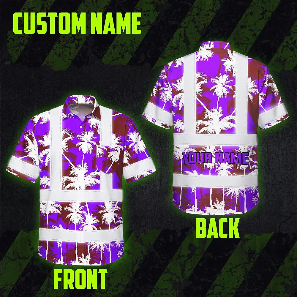 Hi Vis Hawaiian Shirt Reflective Tapes Violet Neon Flowers Custom Name Safety Workwear For Workers, Truckers, Operators