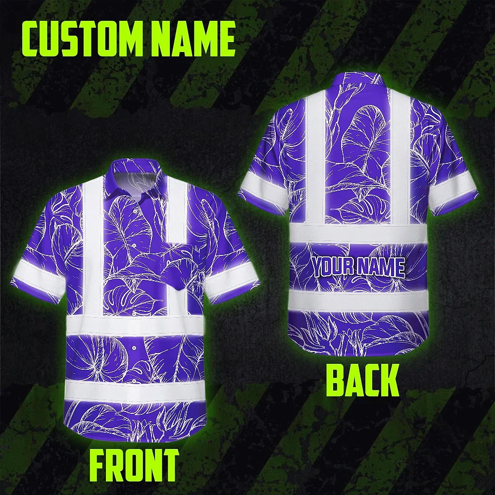 Hi Vis Hawaiian Shirt Reflective Tapes Violet Neon Flowers Custom Name Safety Workwear For Workers, Truckers, Operators