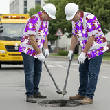 Hi Vis Hawaiian Shirt Reflective Tapes Violet Neon Flowers Custom Name Safety Workwear For Workers, Truckers, Operators