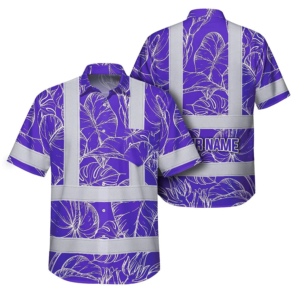 Hi Vis Hawaiian Shirt Reflective Tapes Violet Neon Flowers Custom Name Safety Workwear For Workers, Truckers, Operators