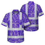 Hi Vis Hawaiian Shirt Reflective Tapes Violet Neon Flowers Custom Name Safety Workwear For Workers, Truckers, Operators